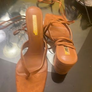 Tan lace up sandals 3 inch wide heel